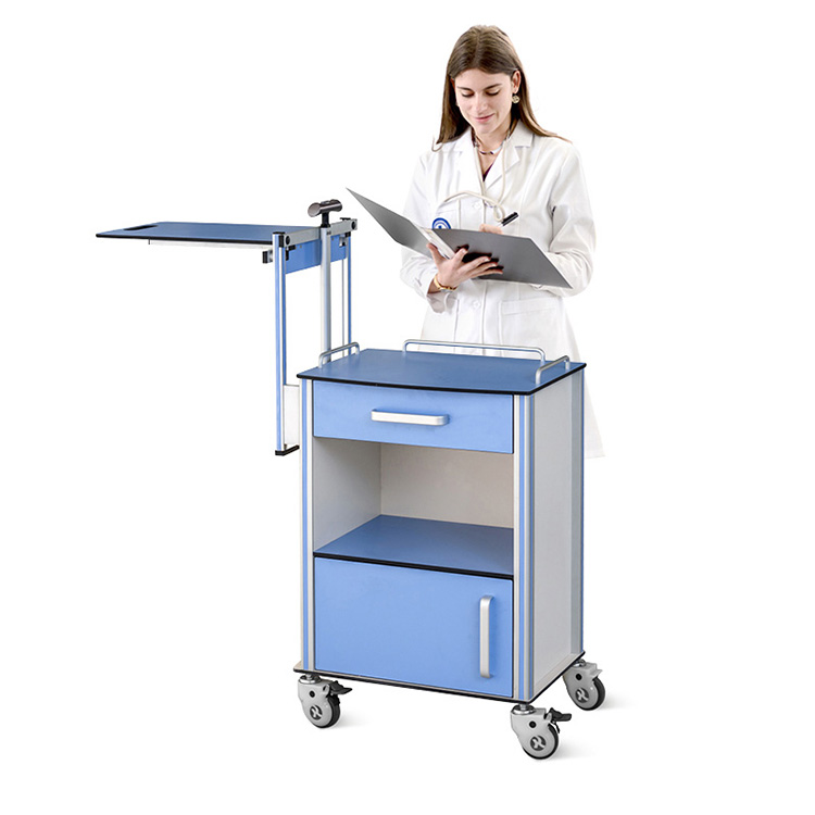 Adjustable Medical Overbed Table Aluminium Hospital Storage Bedside Table with Casters